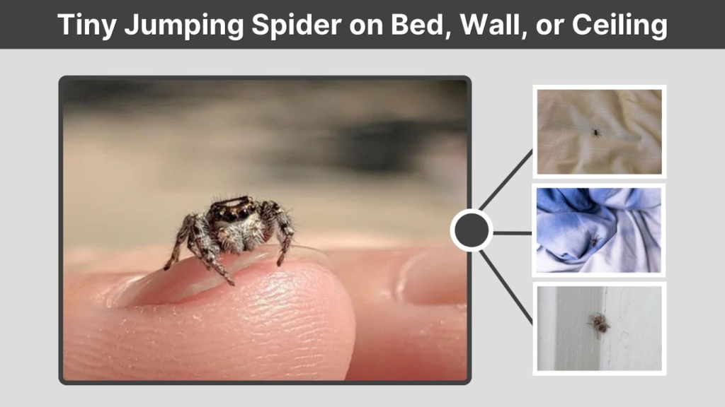 Tiny Jumping Spider on Bed, Wall, or Ceiling